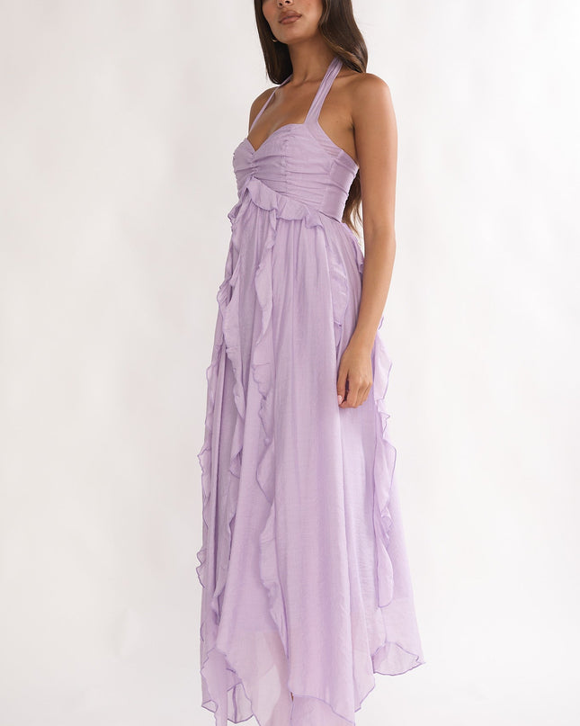 Purple Frill Trim Halterneck Maxi Dress