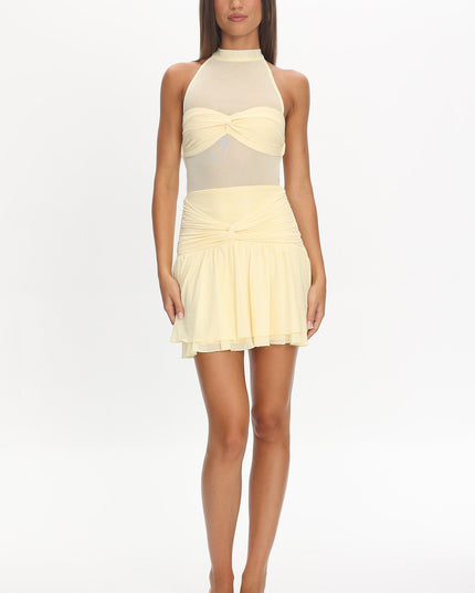 Lemon Sheer Bodice Mini Dress