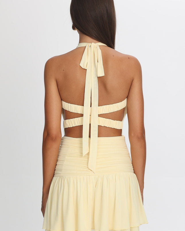 Lemon Sheer Bodice Mini Dress