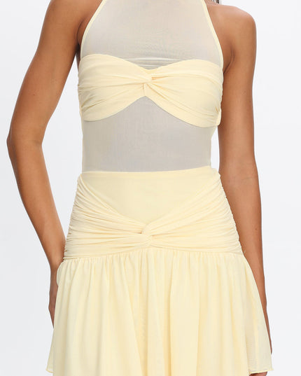 Lemon Sheer Bodice Mini Dress