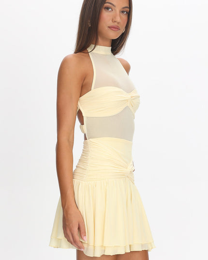 Lemon Sheer Bodice Mini Dress