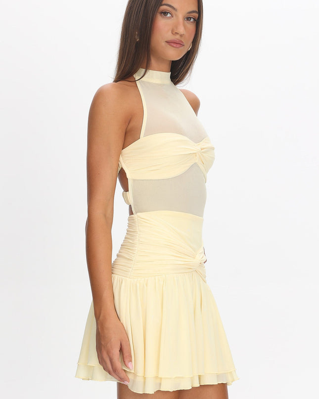 Lemon Sheer Bodice Mini Dress