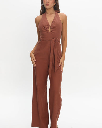 Chocolate Plunging Halterneck Jumpsuit
