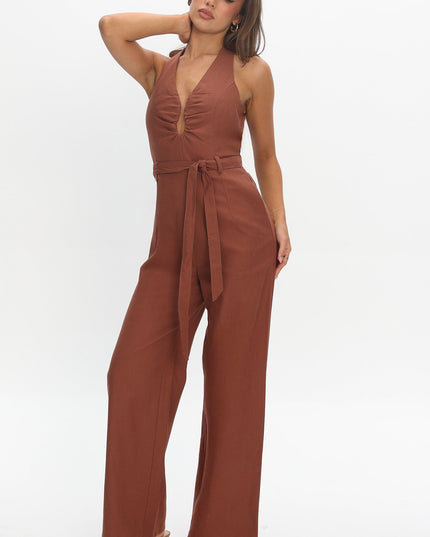 Chocolate Plunging Halterneck Jumpsuit