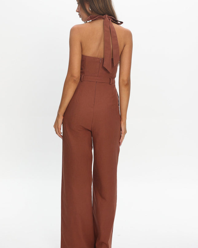 Chocolate Plunging Halterneck Jumpsuit