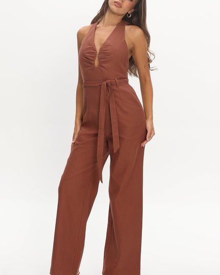 Chocolate Plunging Halterneck Jumpsuit