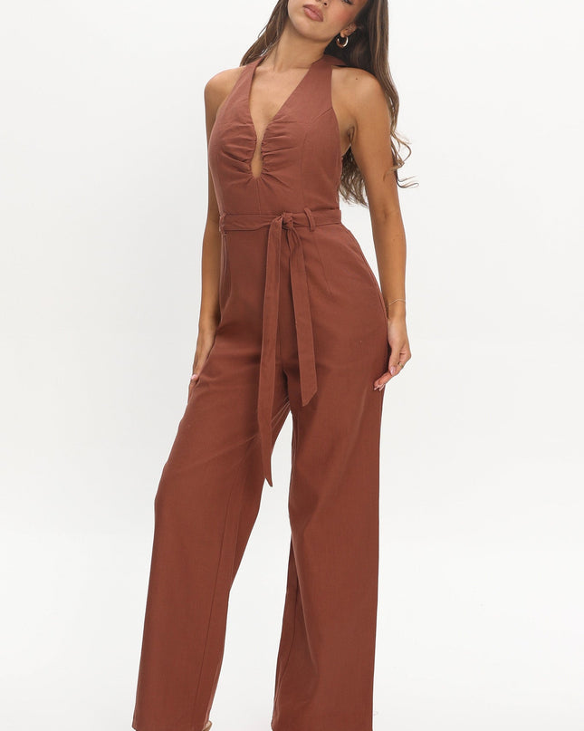 Chocolate Plunging Halterneck Jumpsuit