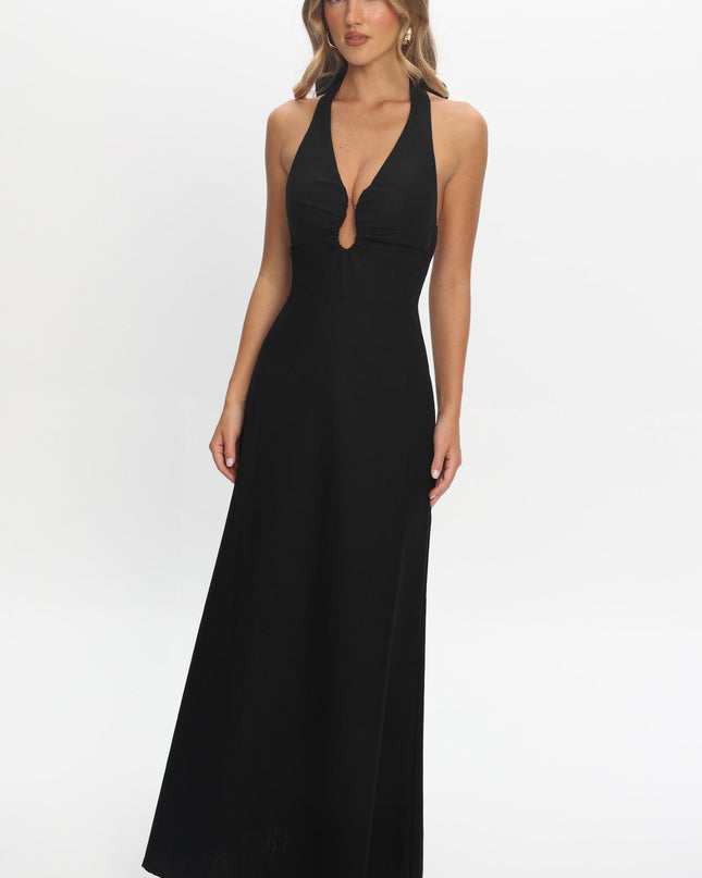 Black Plunging Halterneck Maxi Dress