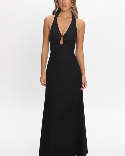 Black Plunging Halterneck Maxi Dress