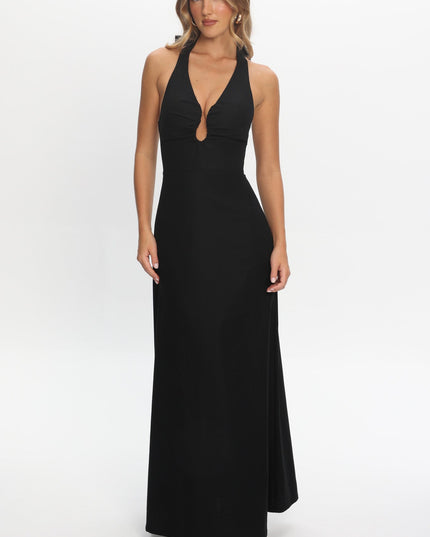 Black Plunging Halterneck Maxi Dress