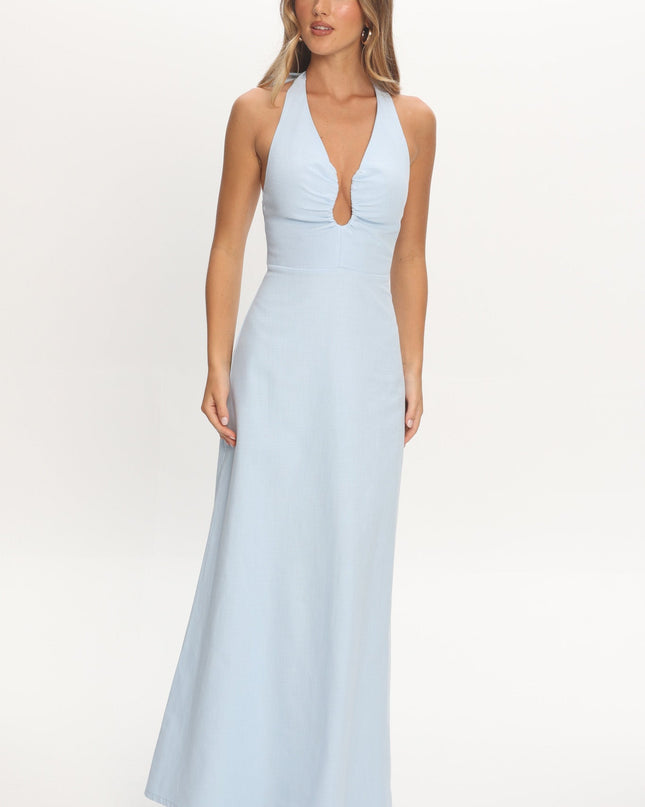 Blue Plunging Halterneck Maxi Dress