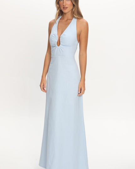 Blue Plunging Halterneck Maxi Dress