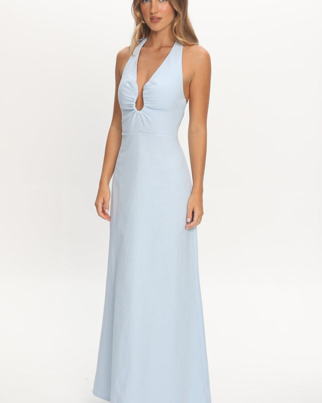 Blue Plunging Halterneck Maxi Dress