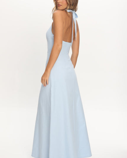 Blue Plunging Halterneck Maxi Dress