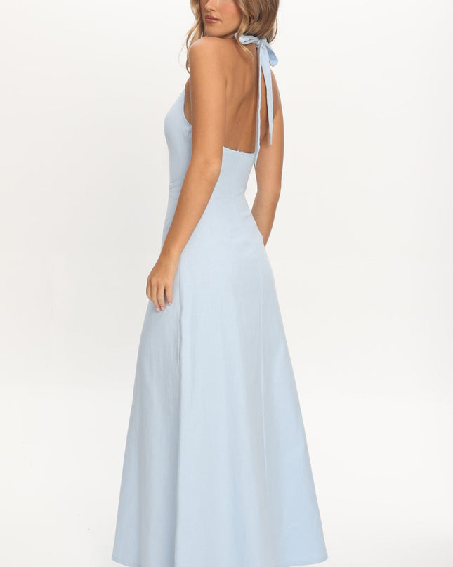 Blue Plunging Halterneck Maxi Dress