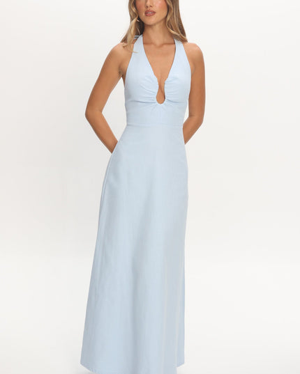Blue Plunging Halterneck Maxi Dress