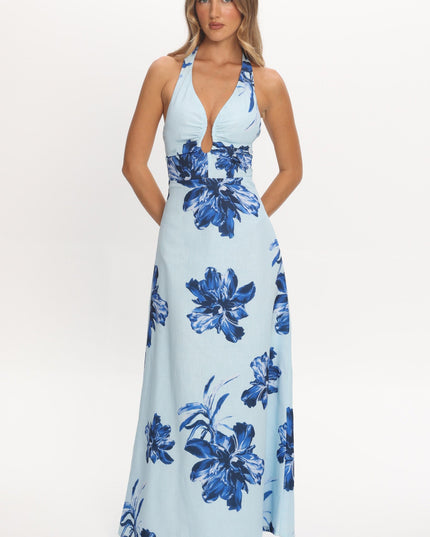Blue Plunging Halterneck Maxi Dress Floral