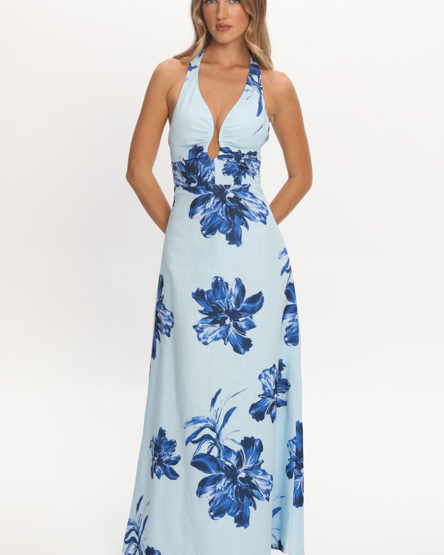 Blue Plunging Halterneck Maxi Dress Floral