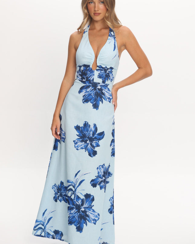 Blue Plunging Halterneck Maxi Dress Floral