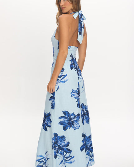 Blue Plunging Halterneck Maxi Dress Floral