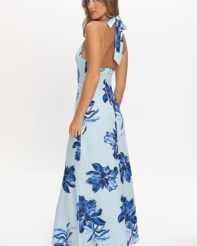 Blue Plunging Halterneck Maxi Dress Floral