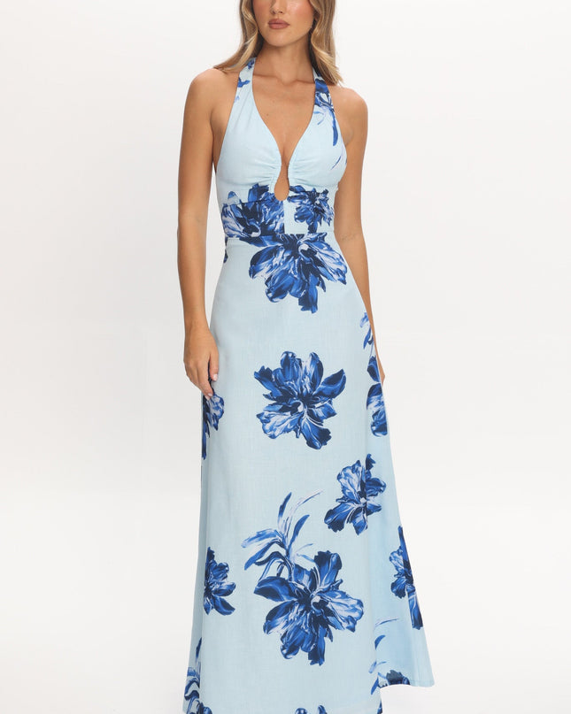Blue Plunging Halterneck Maxi Dress Floral