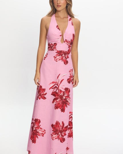 Pink Plunging Halterneck Maxi Dress Floral