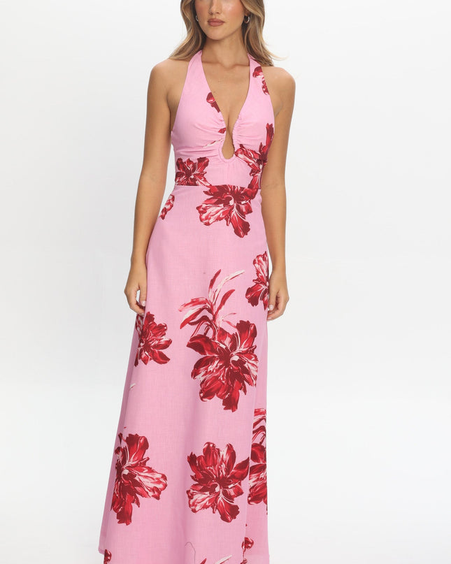 Pink Plunging Halterneck Maxi Dress Floral