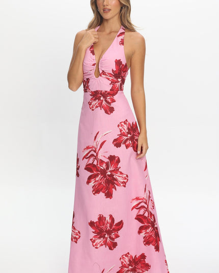 Pink Plunging Halterneck Maxi Dress Floral