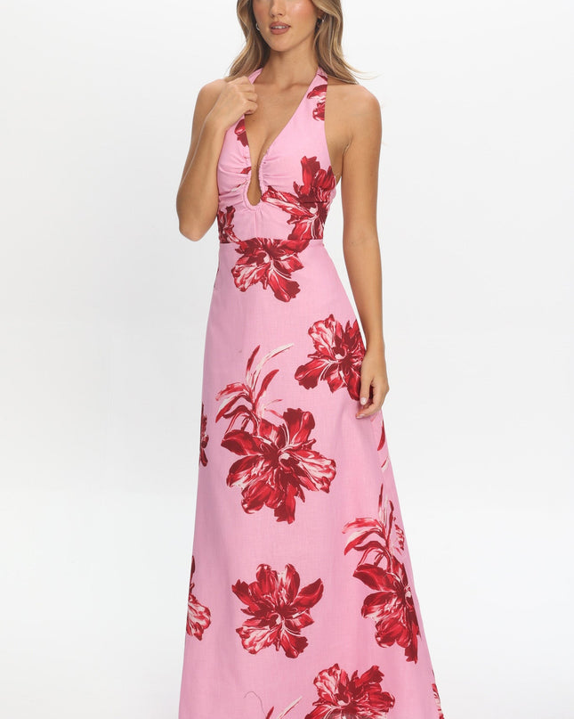 Pink Plunging Halterneck Maxi Dress Floral