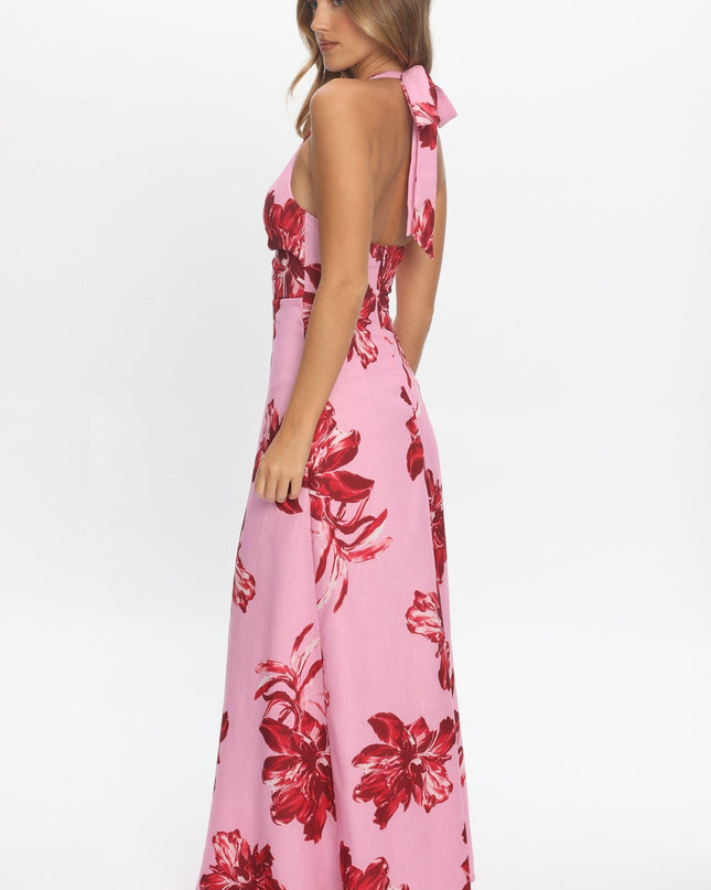 Pink Plunging Halterneck Maxi Dress Floral
