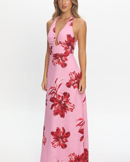 Pink Plunging Halterneck Maxi Dress Floral