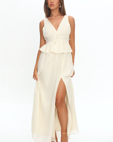 White Peplum Applique Waist Maxi Dress