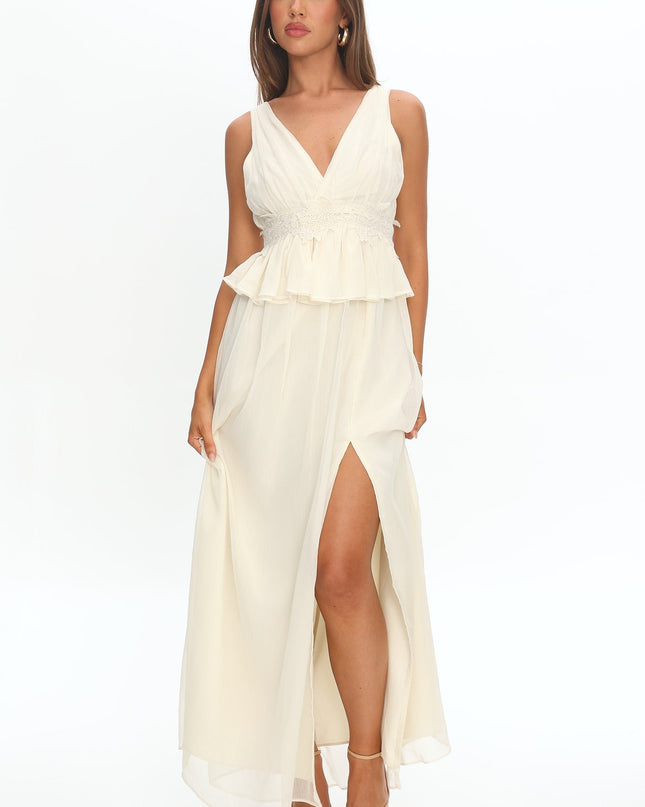 White Peplum Applique Waist Maxi Dress