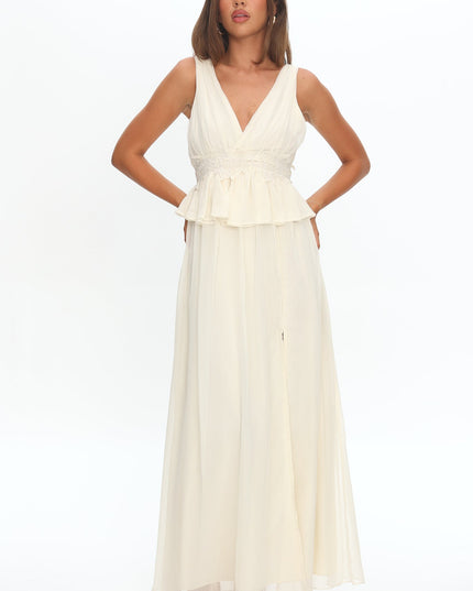 White Peplum Applique Waist Maxi Dress