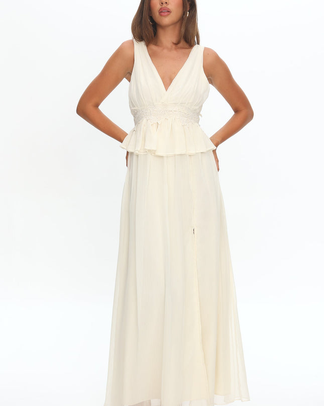 White Peplum Applique Waist Maxi Dress