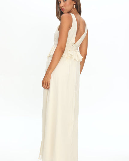 White Peplum Applique Waist Maxi Dress