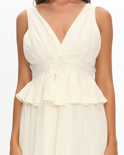 White Peplum Applique Waist Maxi Dress