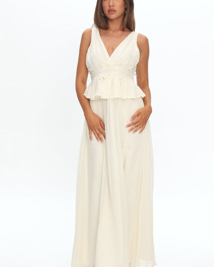 White Peplum Applique Waist Maxi Dress