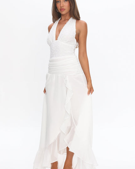 White Textured Halter Split Maxi Dress