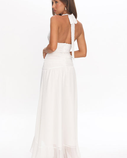 White Textured Halter Split Maxi Dress