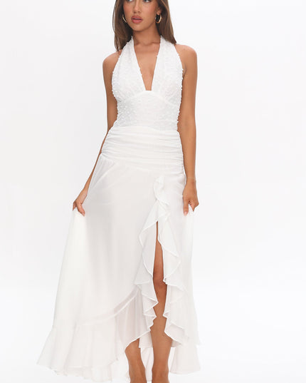 White Textured Halter Split Maxi Dress
