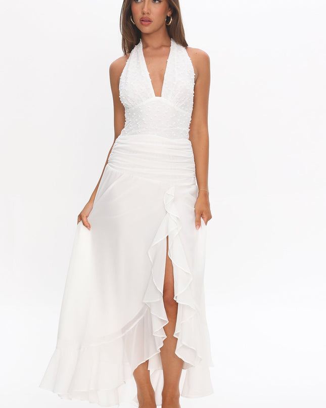 White Textured Halter Split Maxi Dress