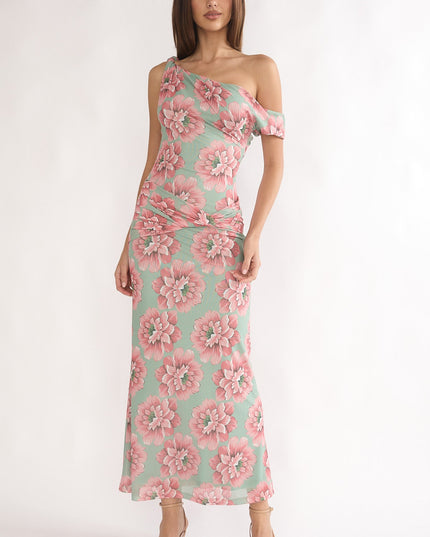Floral Asymmetric Neckline Maxi Dress