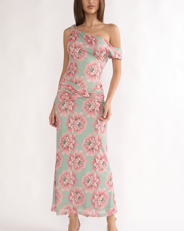 Floral Asymmetric Neckline Maxi Dress