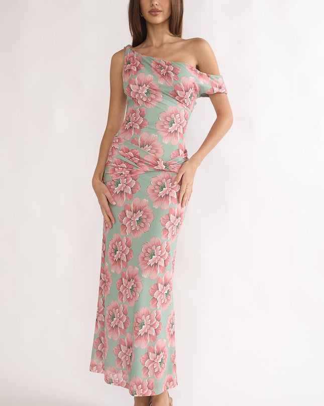 Floral Asymmetric Neckline Maxi Dress
