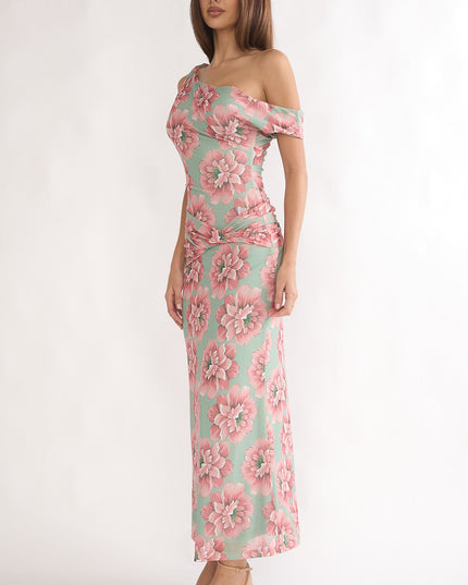 Floral Asymmetric Neckline Maxi Dress
