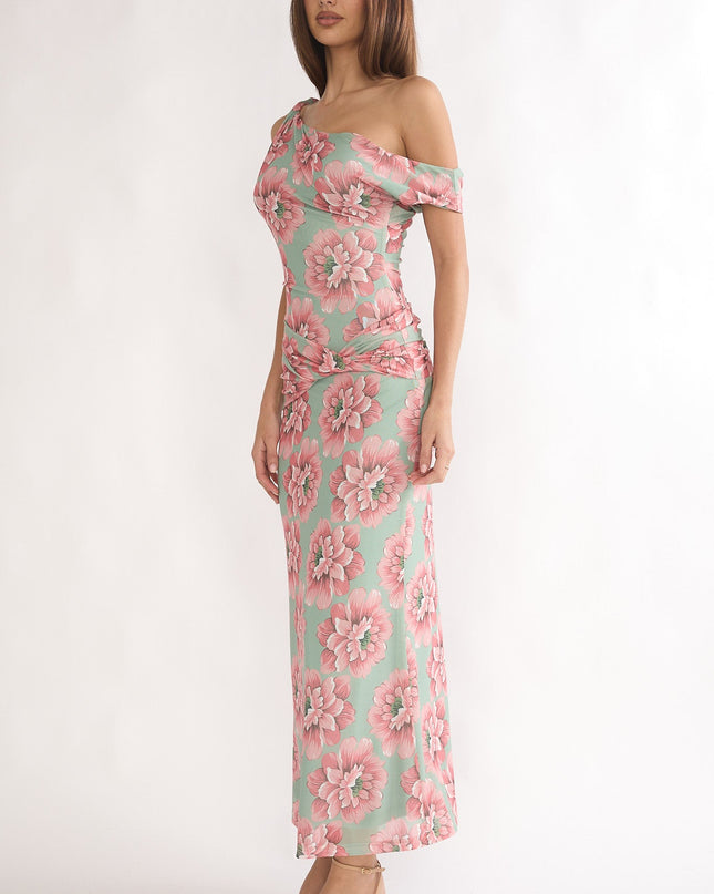 Floral Asymmetric Neckline Maxi Dress
