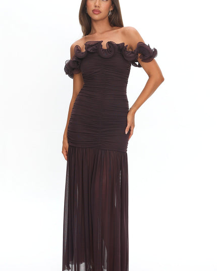 Chocolate Off-Shoulder Ruched Maxi Dress
