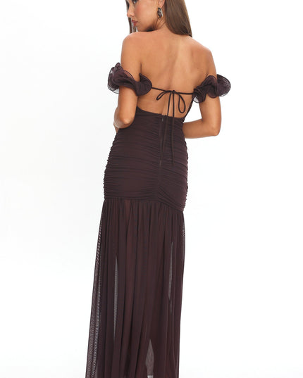 Chocolate Off-Shoulder Ruched Maxi Dress